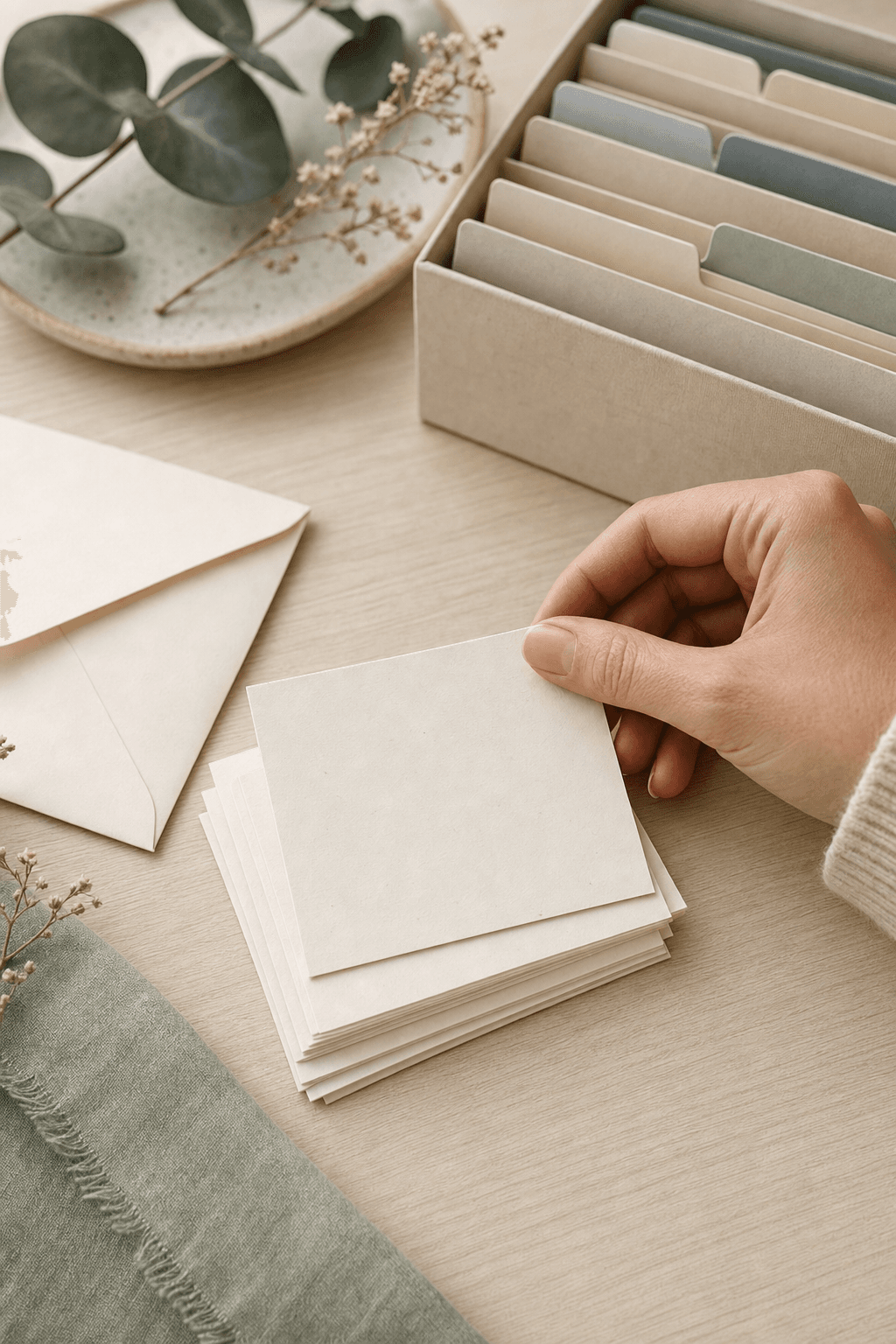 Example Campaign: a hand organising blank wedding stationery on a warm ivory desk with botanical details.