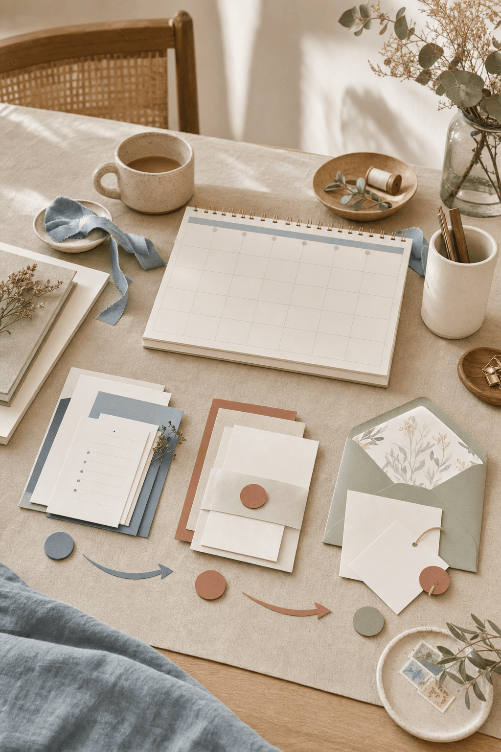 Example Campaign, alternative version: wedding stationery and a timeline arranged on linen with botanical accents.