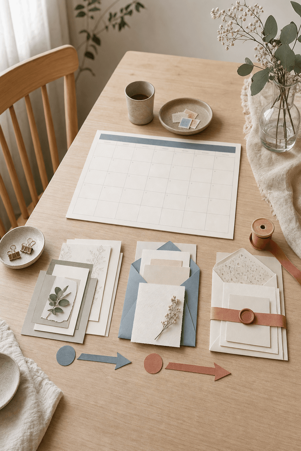 Example Campaign, current version: wedding invitation timeline arranged with envelopes, paper arrows, circles and a small calendar.